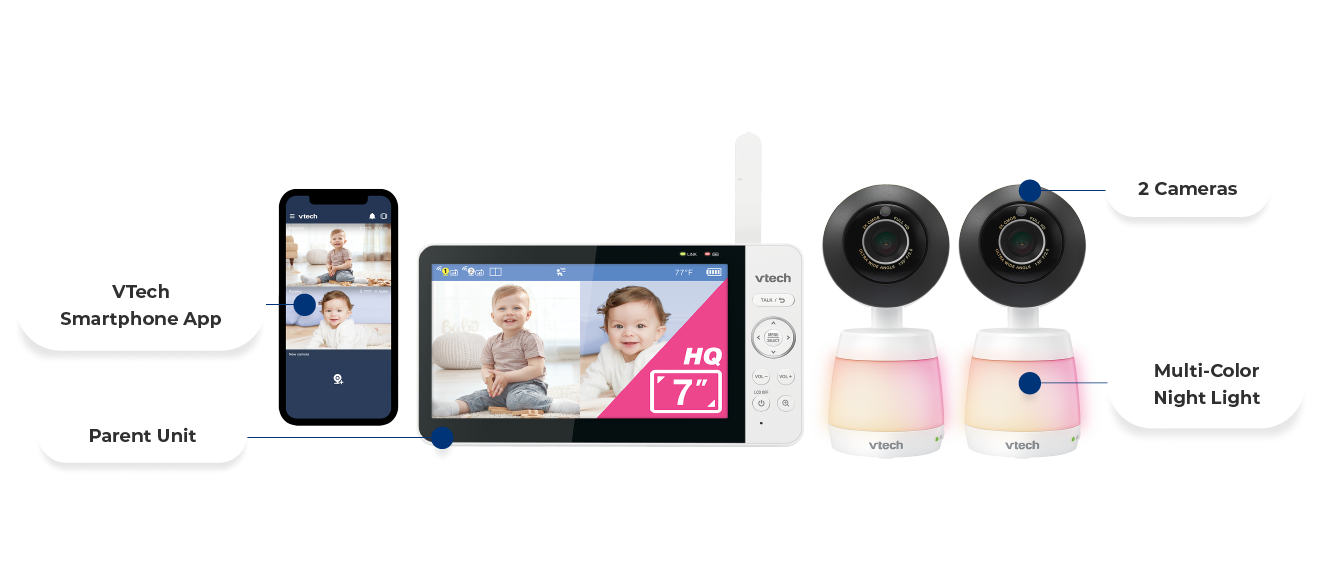 2 Cameras, Parent Unit, Multi-Color Night Light, VTech Smartphone App